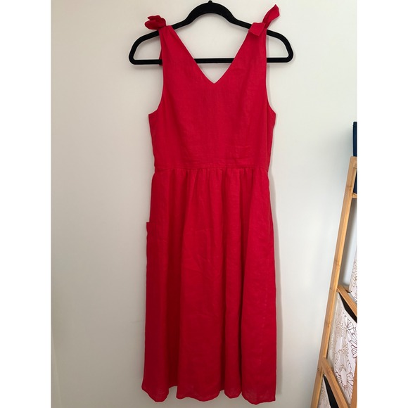 Charles Henry Red Linen Blend Midi Dress Size S NWT Sleeveless Tie Strap Pockets - Picture 7 of 10